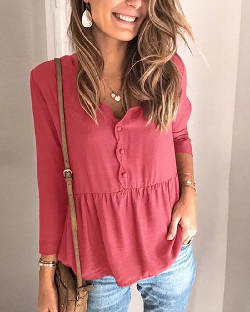 Solid Button Front Smocked Top