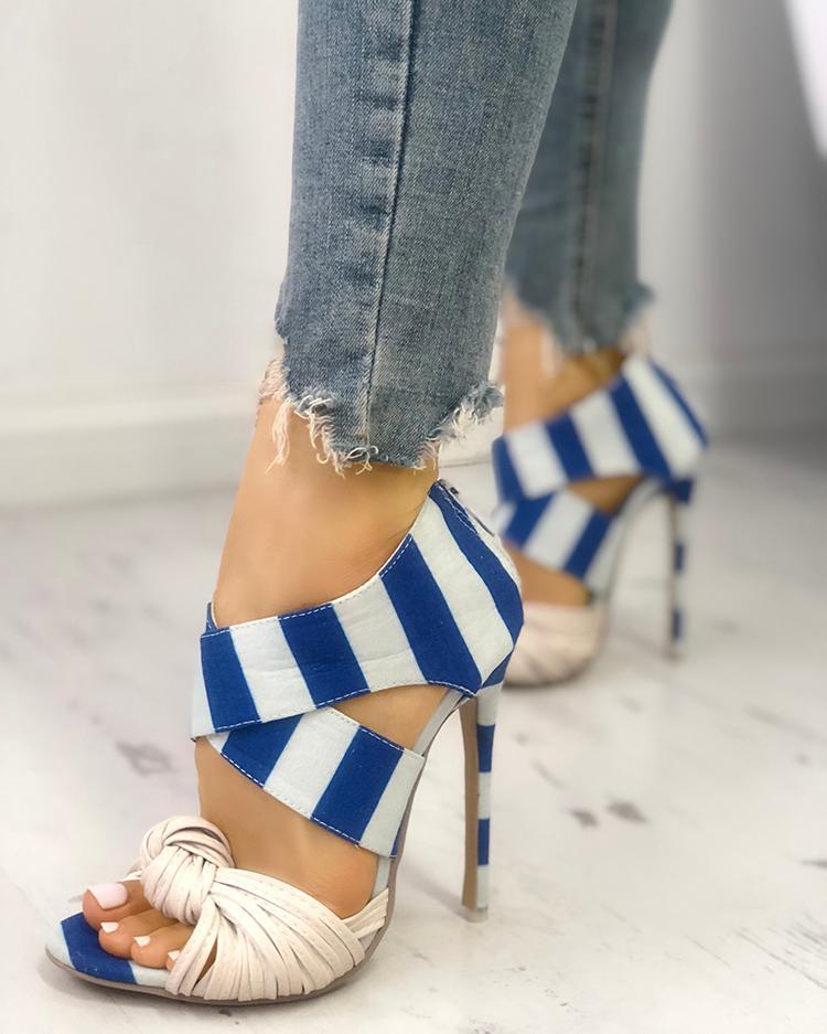Striped Crisscross Knotted Thin Heeled Sandals
