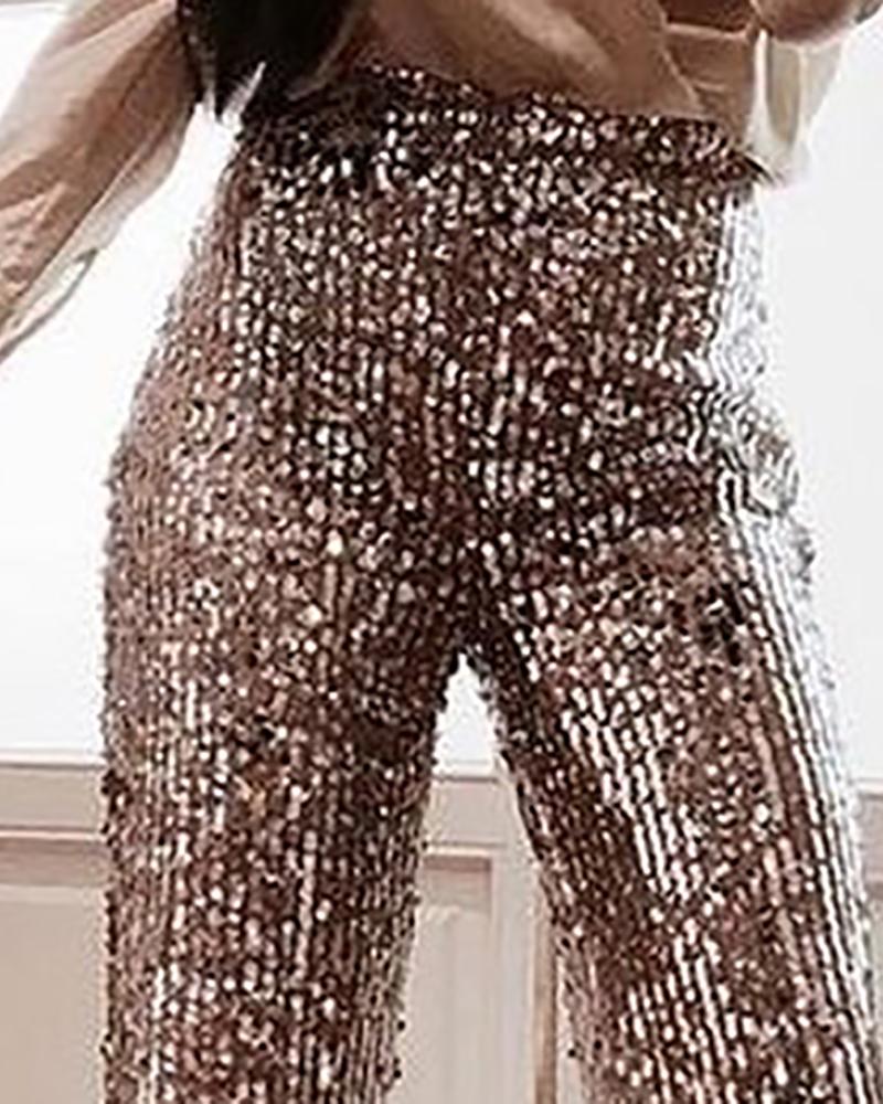 Glitter High Waist Bell-bottomed Sequins Pants