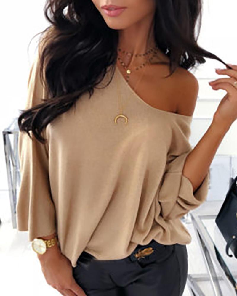 Solid Round Neck Long Sleeve Casual Blouse