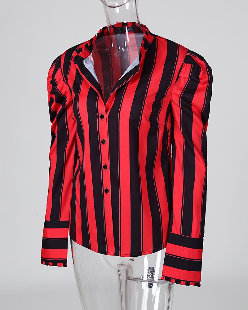 Colorblock Striped Frill Cuff Buttoned Shirt
