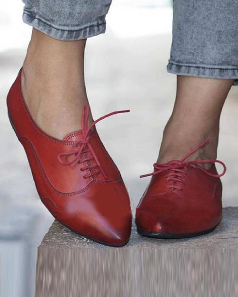Outlet26 Pointed Solid Lace-Up Flats red