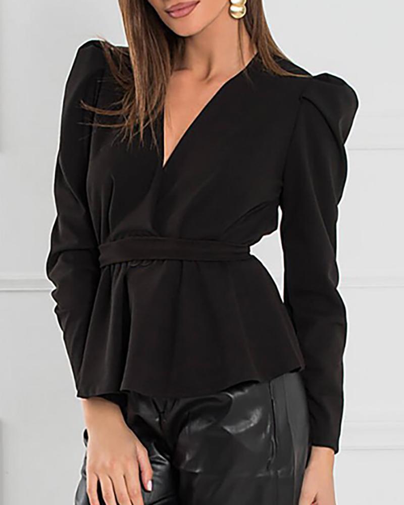 Solid Plunge Puffed Sleeve Blouse