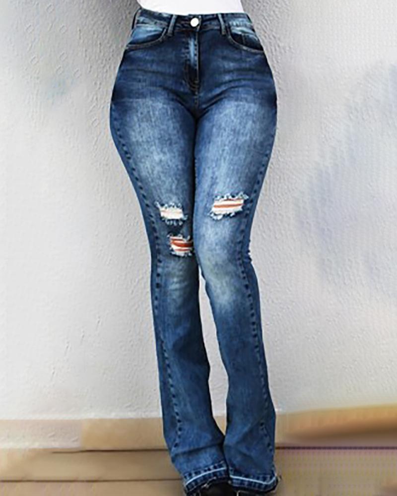 Outlet26 High Wasit Hole Flares Wide Leg Jeans blue