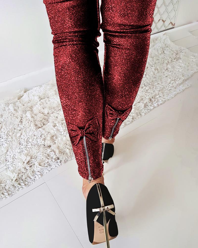 Glitter Bowknot Design Zipper Sequins Pant
