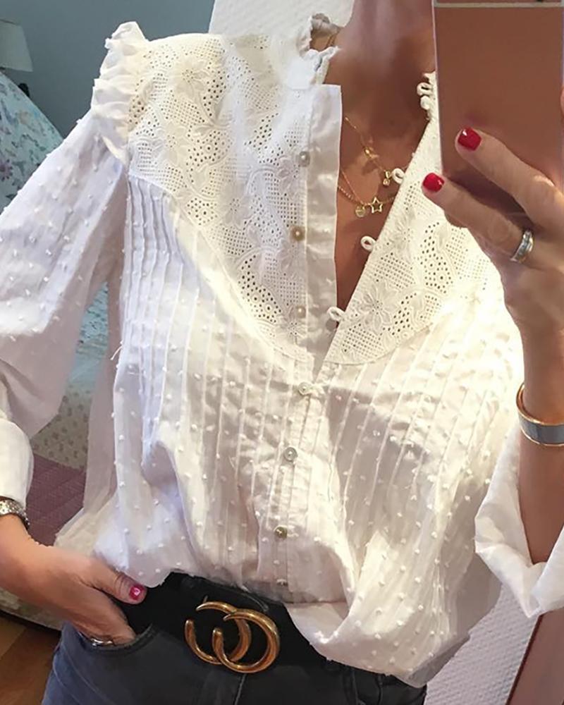 Round Neck Embroidery Ruffles Blouse
