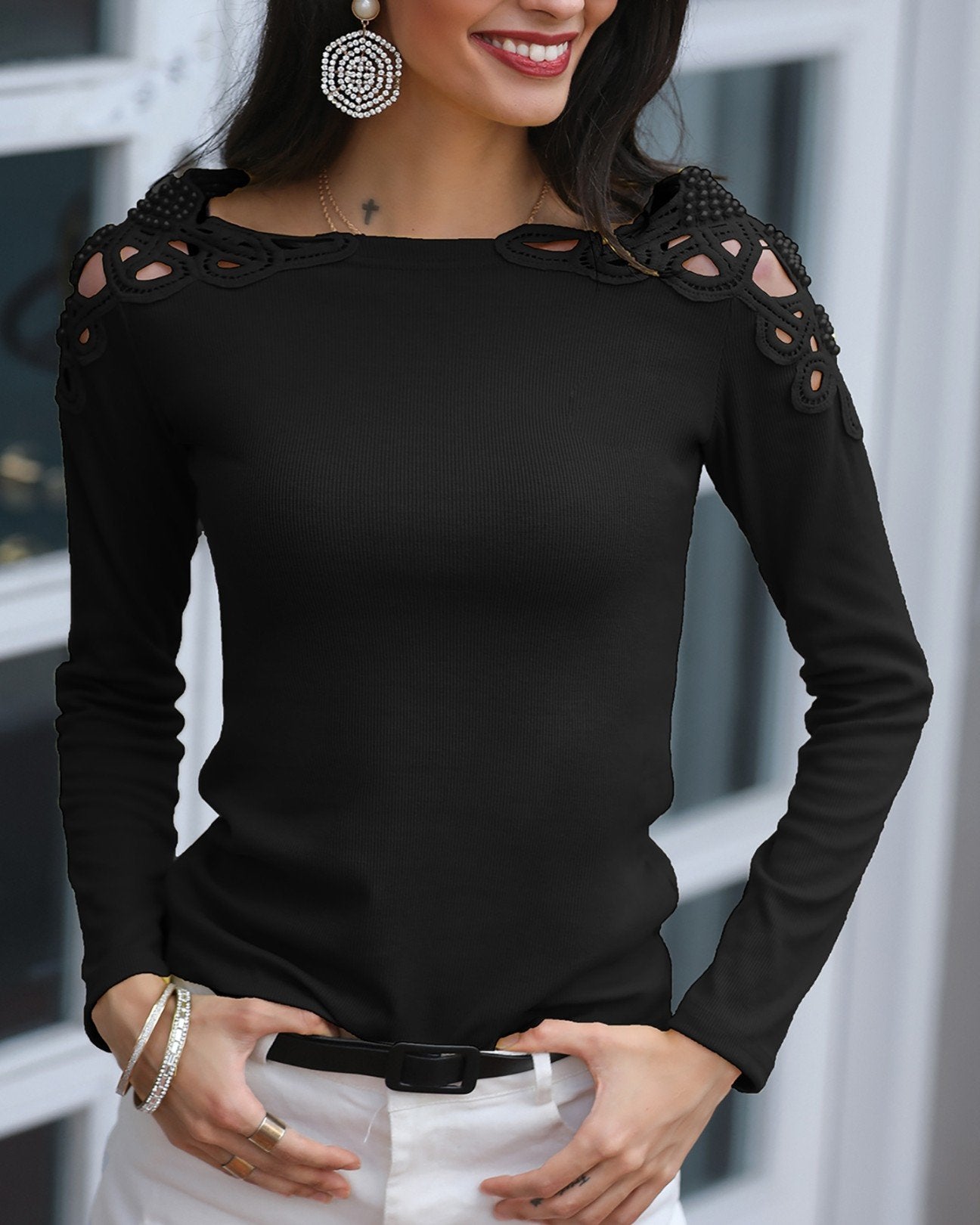 Solid Hollow Out Pearl Beaded Blouse