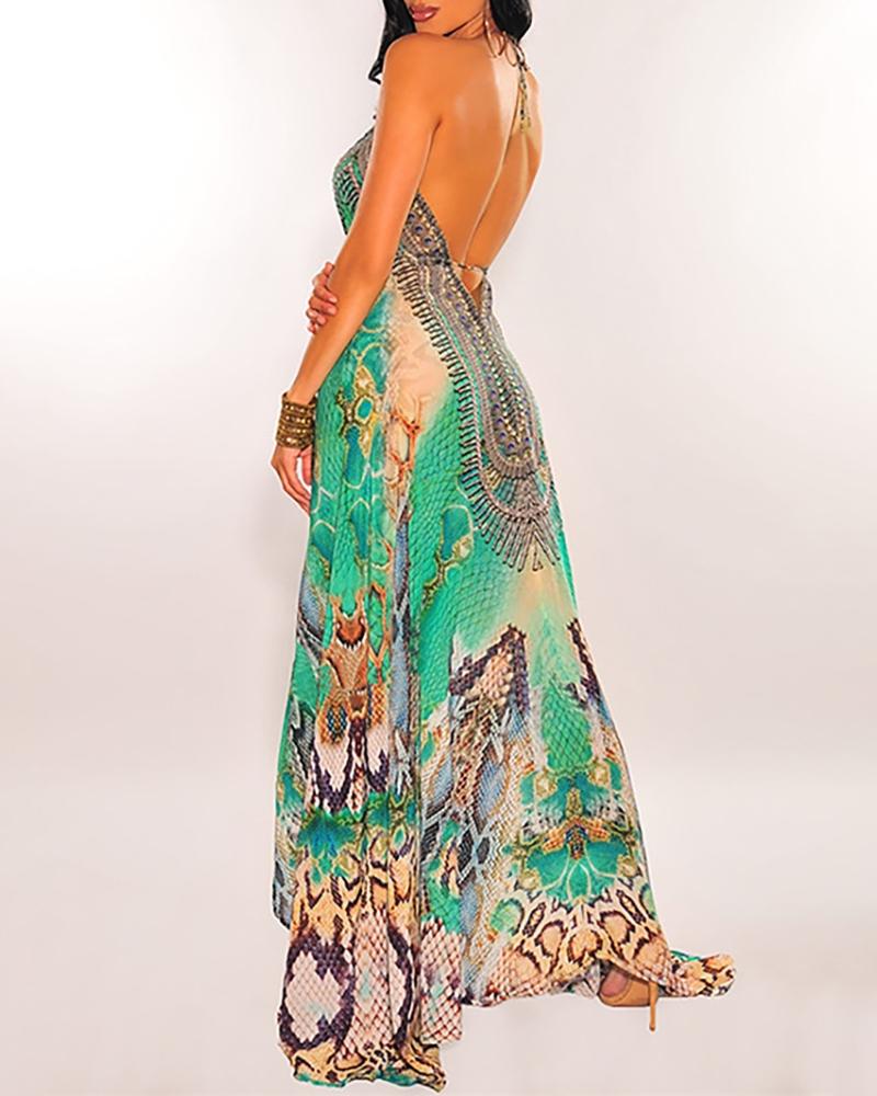 Cheetah Print Colorblock Halter Backless Maxi Dress