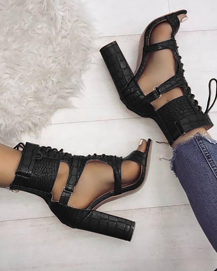 Lace-up Cutout Chunky Heel Sandals