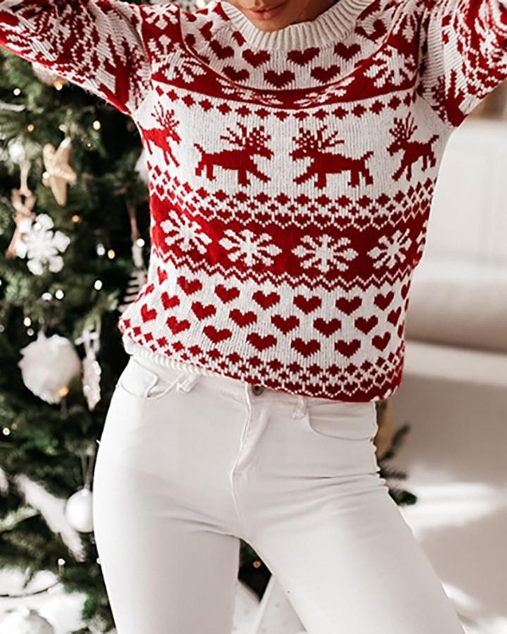 Christmas Reindeer Heart Snow Print Knit Sweater