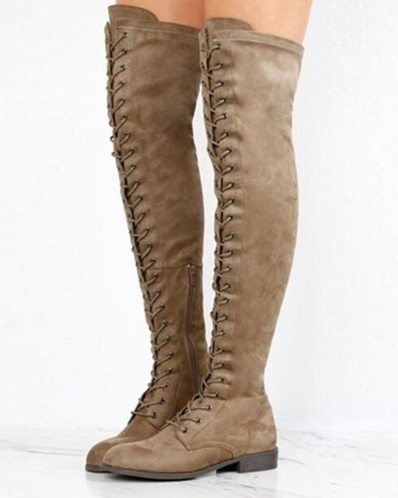 Solid Lace-Up Long Boots