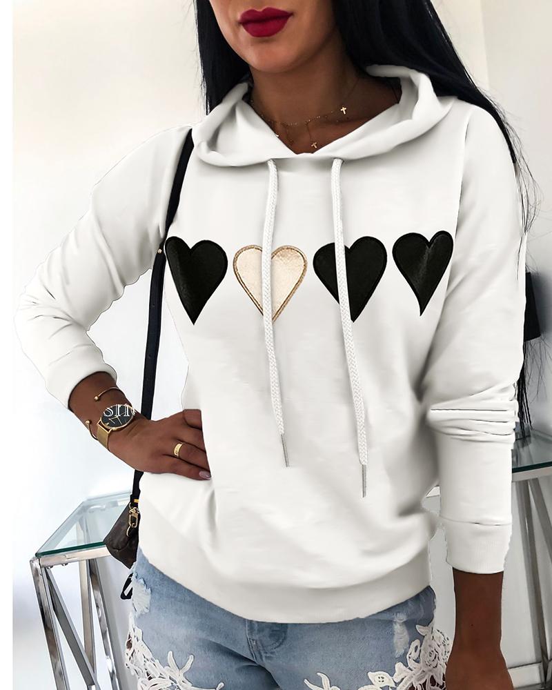 Outlet26 Hooded Drawstring Heart Print Sweatshirt white