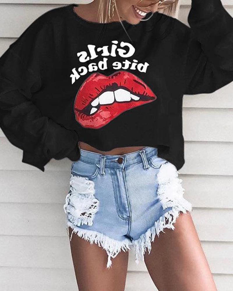 Lip Print Round Neck Pullover Sweatshirt
