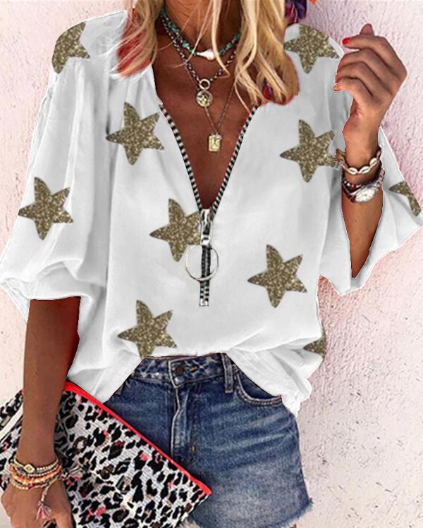 Lantern Sleeve Zipper Front Floral Print Casual Top
