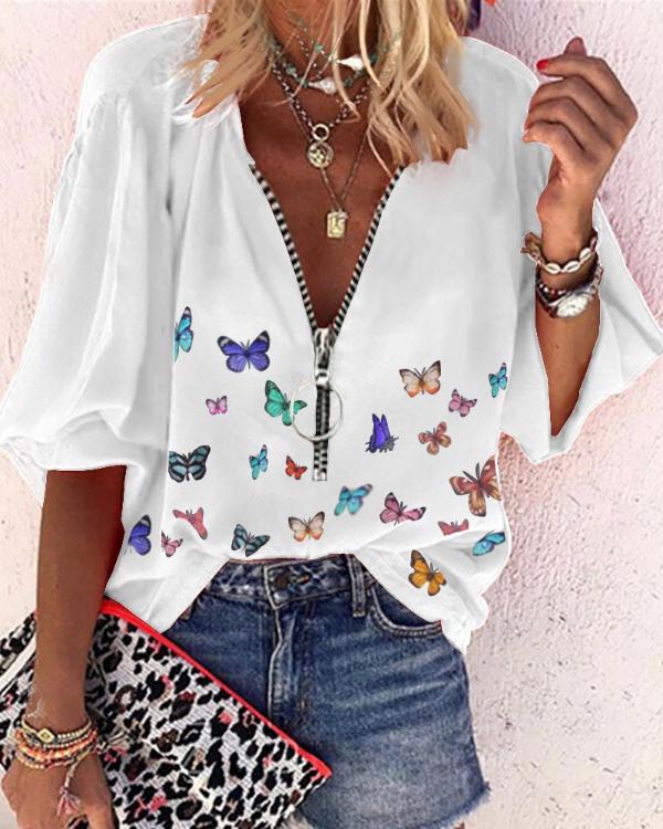 Lantern Sleeve Zipper Front Floral Print Casual Top