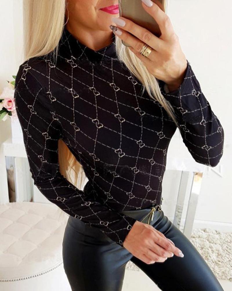 Grid Print Stand Collar Top
