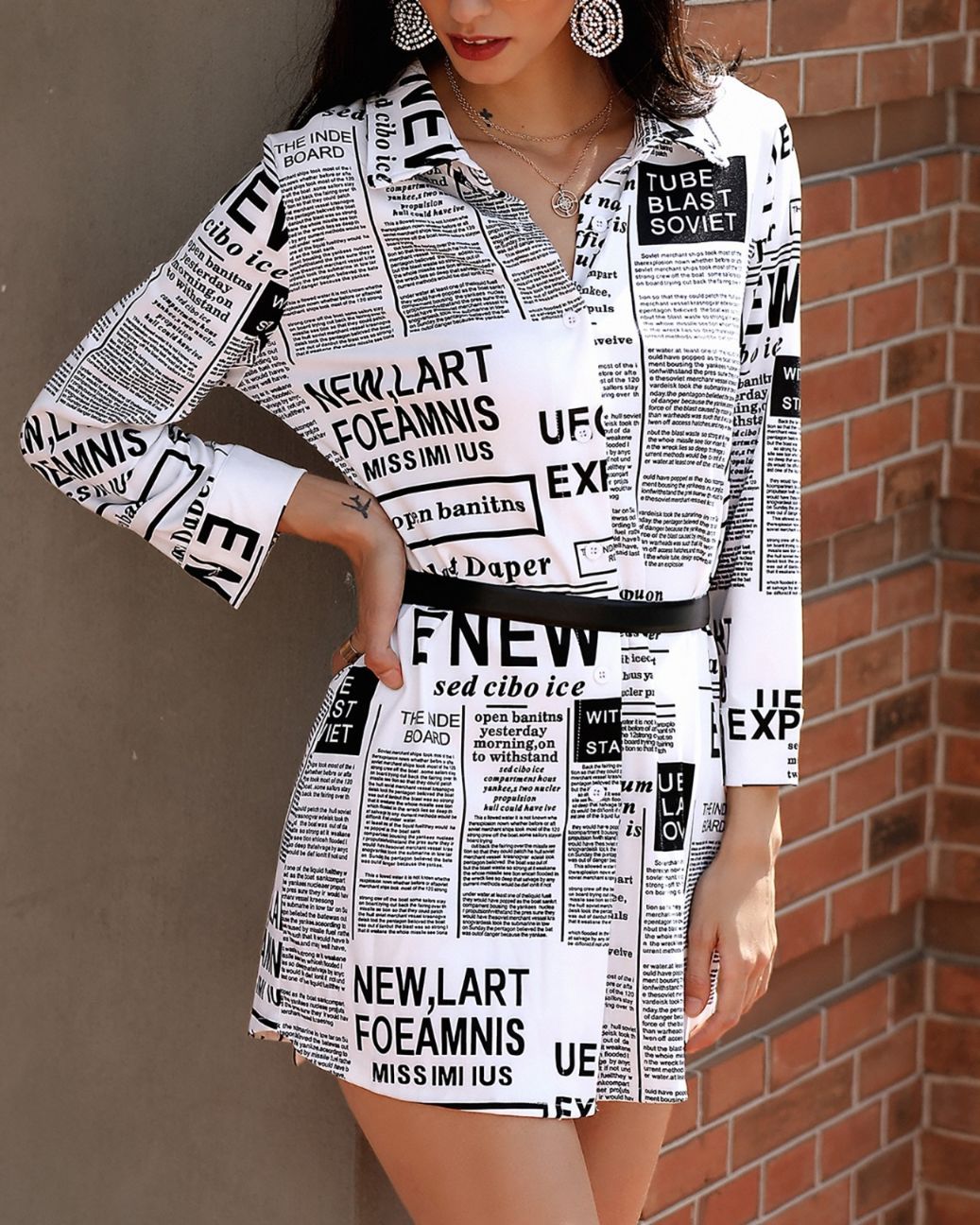 Newspaper Print Long Sleeve Casual Shirt