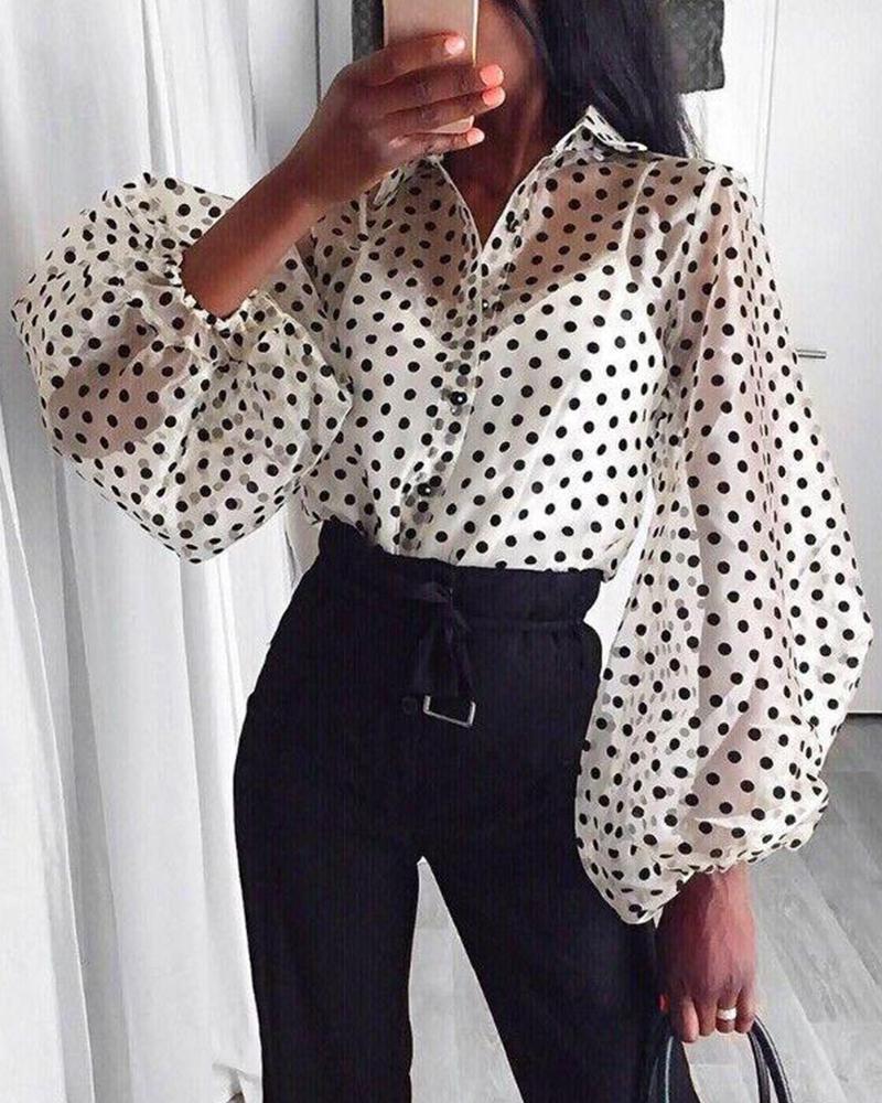 Outlet26 Mesh Polka Dot Puff Sleeve Top white