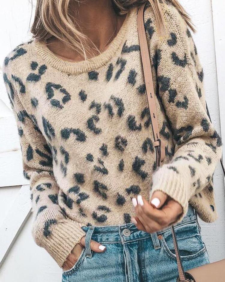 Round Neck Leopard Print Casual Sweater