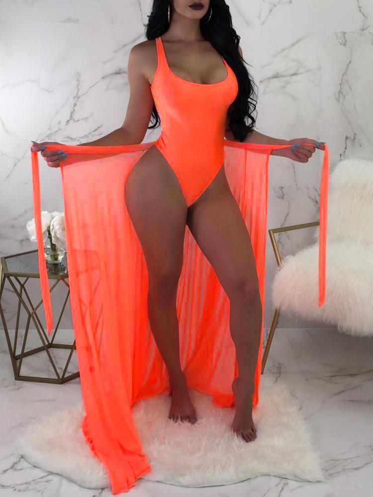 Solid One-Piece /w Tied Cover Up Swimwear