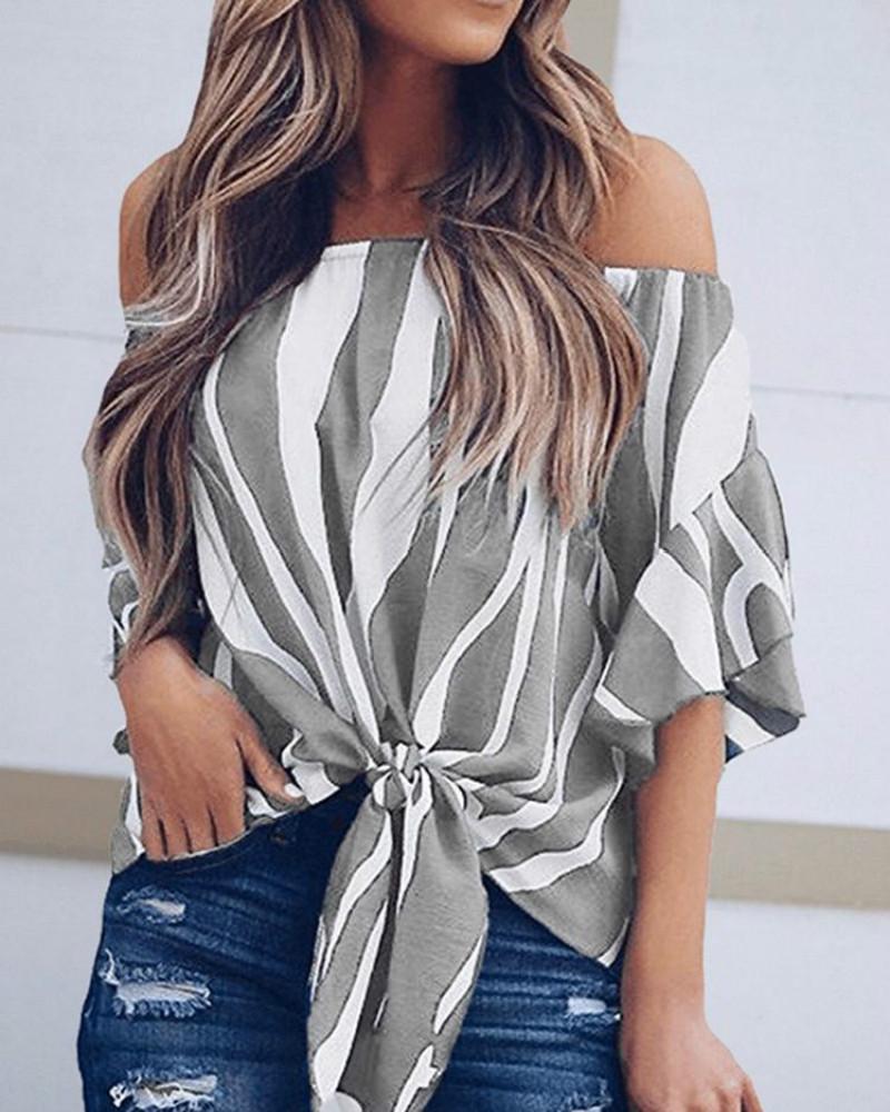 Striped Knot Front Flared Sleeve Bardot Blouse