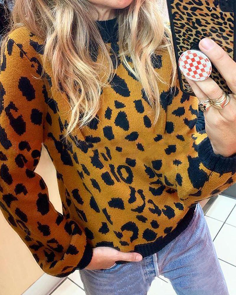 Outlet26 Round Neck Leopard Print Sweater yellow