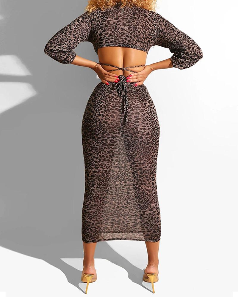 Leopard Deep V Neck Long Sleeve Criss Cross Crop Top & Midi Skirt Sets