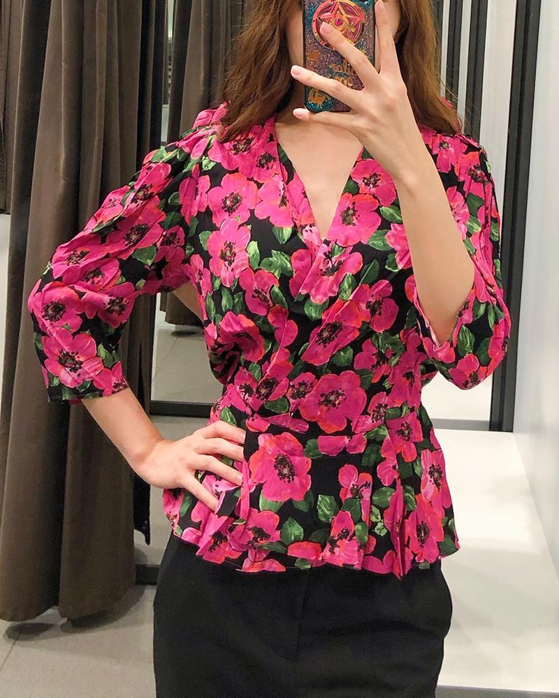 Outlet26 Long Sleeve Ruffle Hem Floral Top hot pink