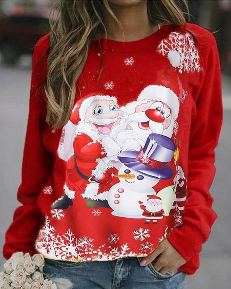Christmas Snowman Printing Long Sleeve Blouse