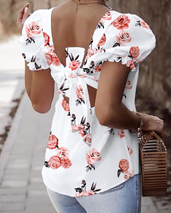 Square Neck Hollow-out  Knot Back Bubble Sleeve Floral Print Blouse