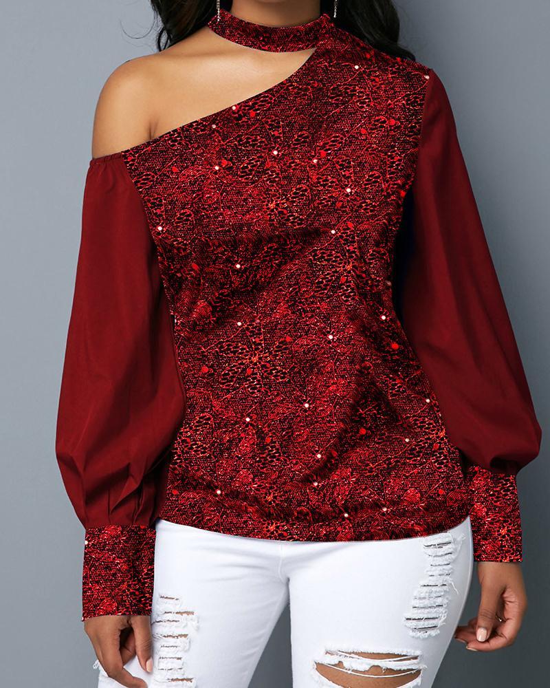 Christmas Sequin Solid Color Lantern Sleeve Blouse