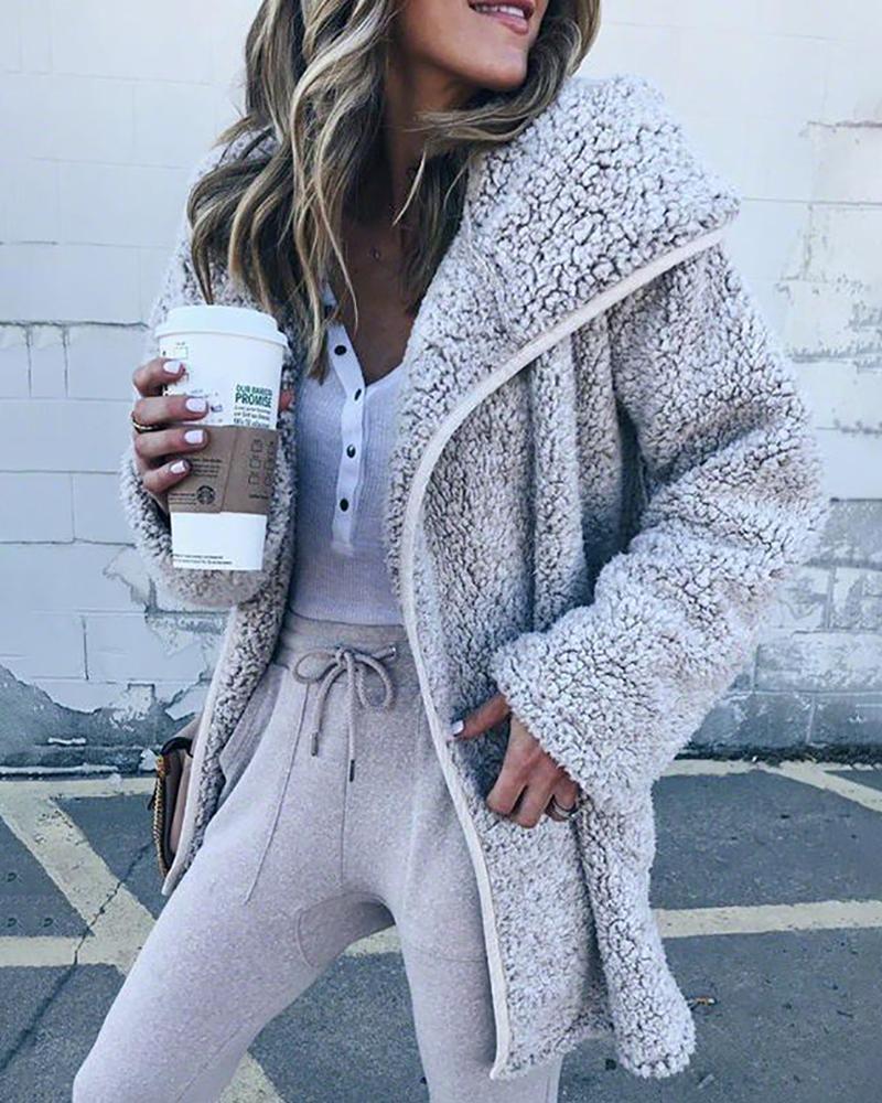 Outlet26 Waterfall Collar Long Sleeve Casual Fluffy Coat gray