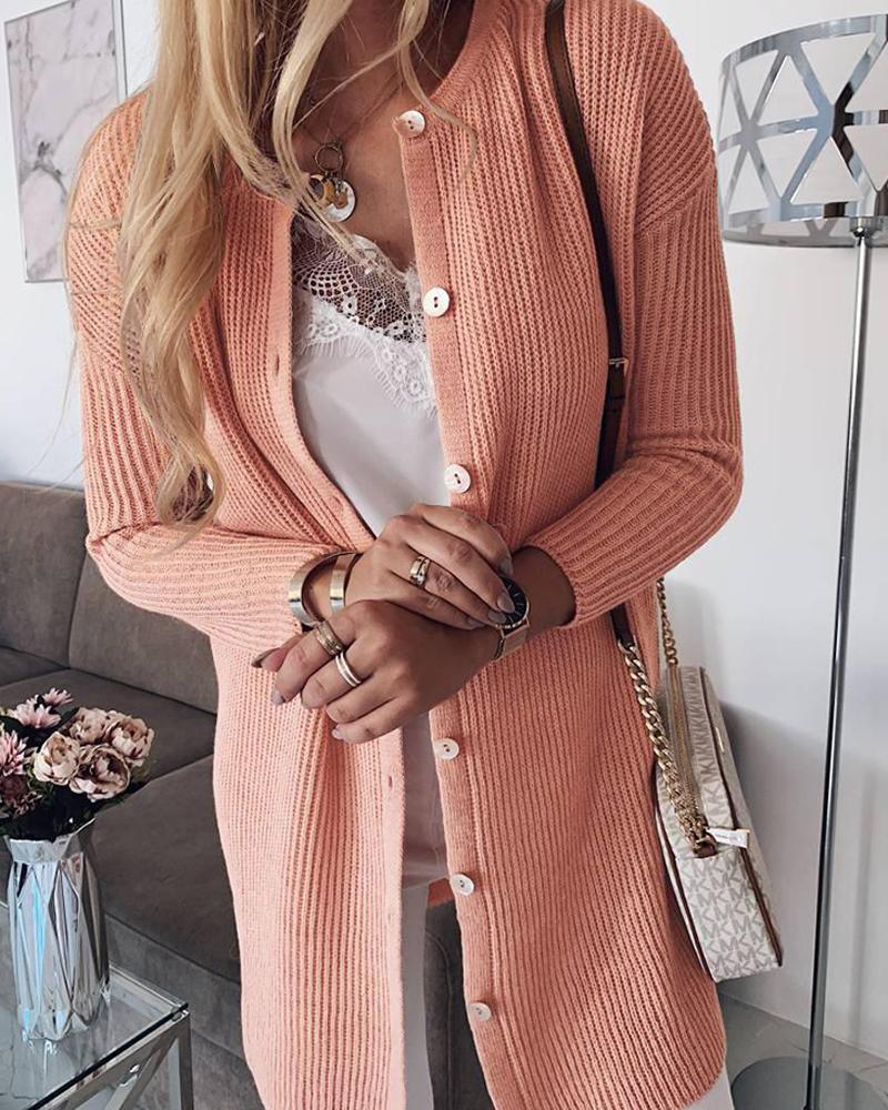 Ribbed Button Long Sleeve Cardigan