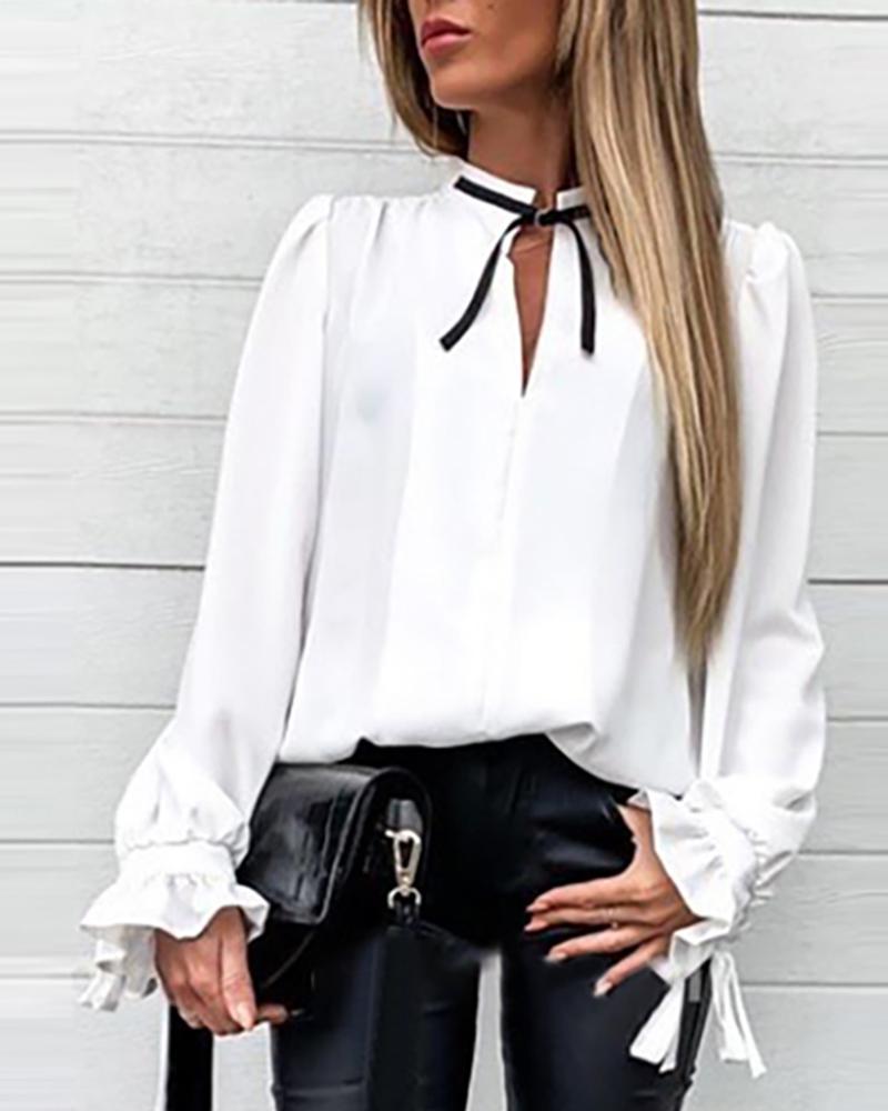 Outlet26 Solid Ruffles Cuff Tied Neck Shirt white