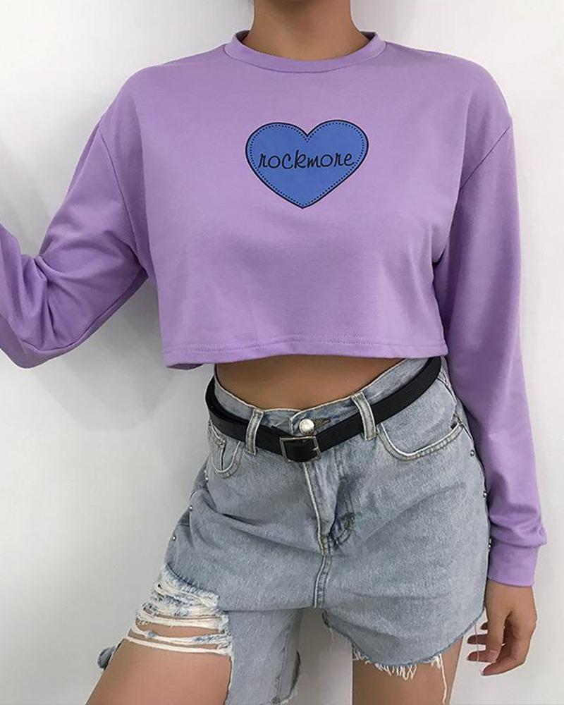 Outlet26 Heart Print Crop Sweatshirt purple