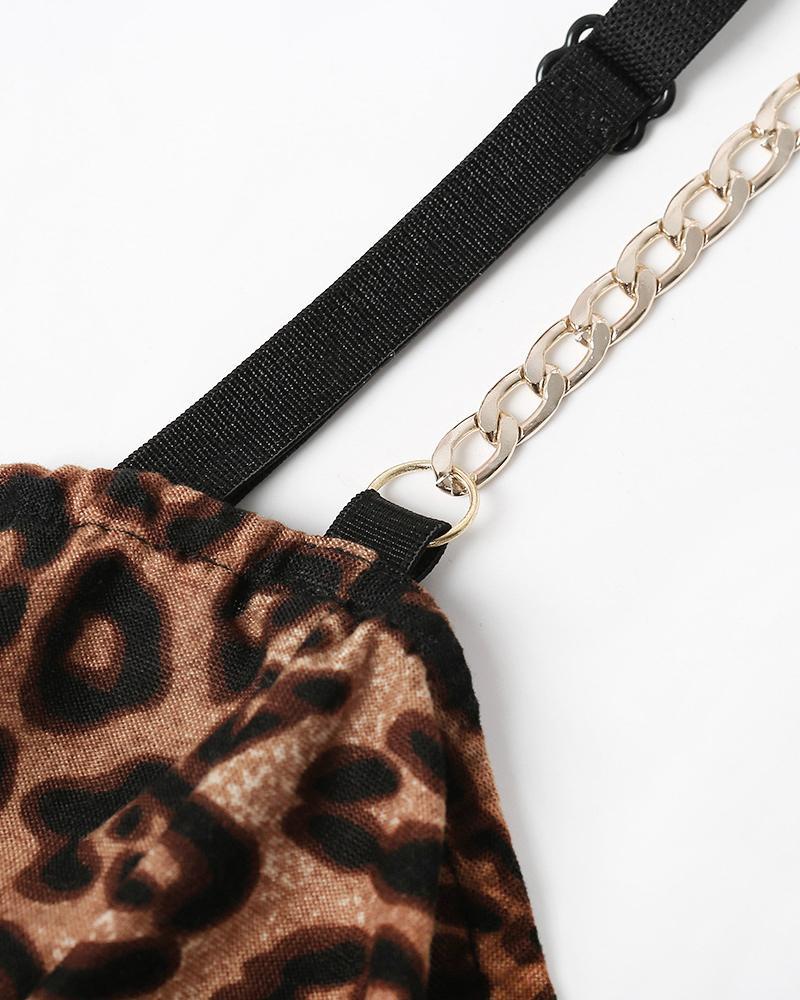 Chain Stap Leopard Print Bodysuit