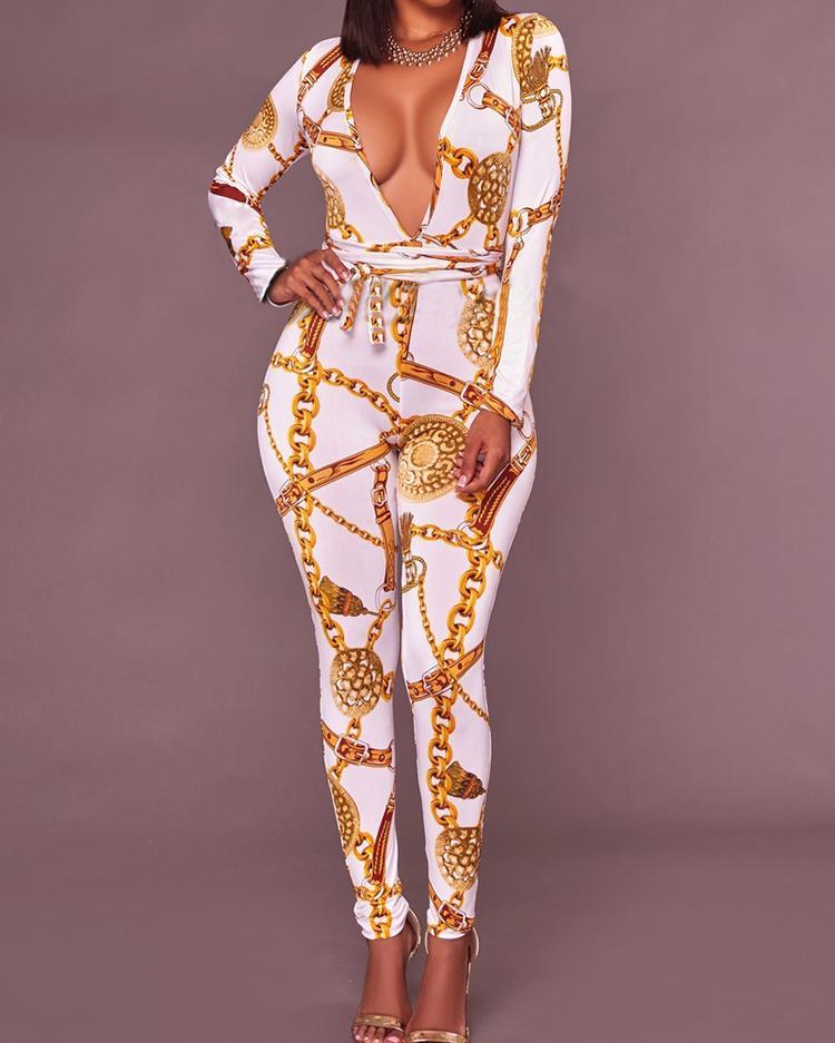Sexy Deep V Neck Gold Chain Print Skinny Jumpsuit