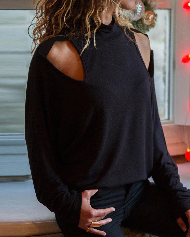 Solid Cut Out Shoulder Long Sleeve T-Shirt