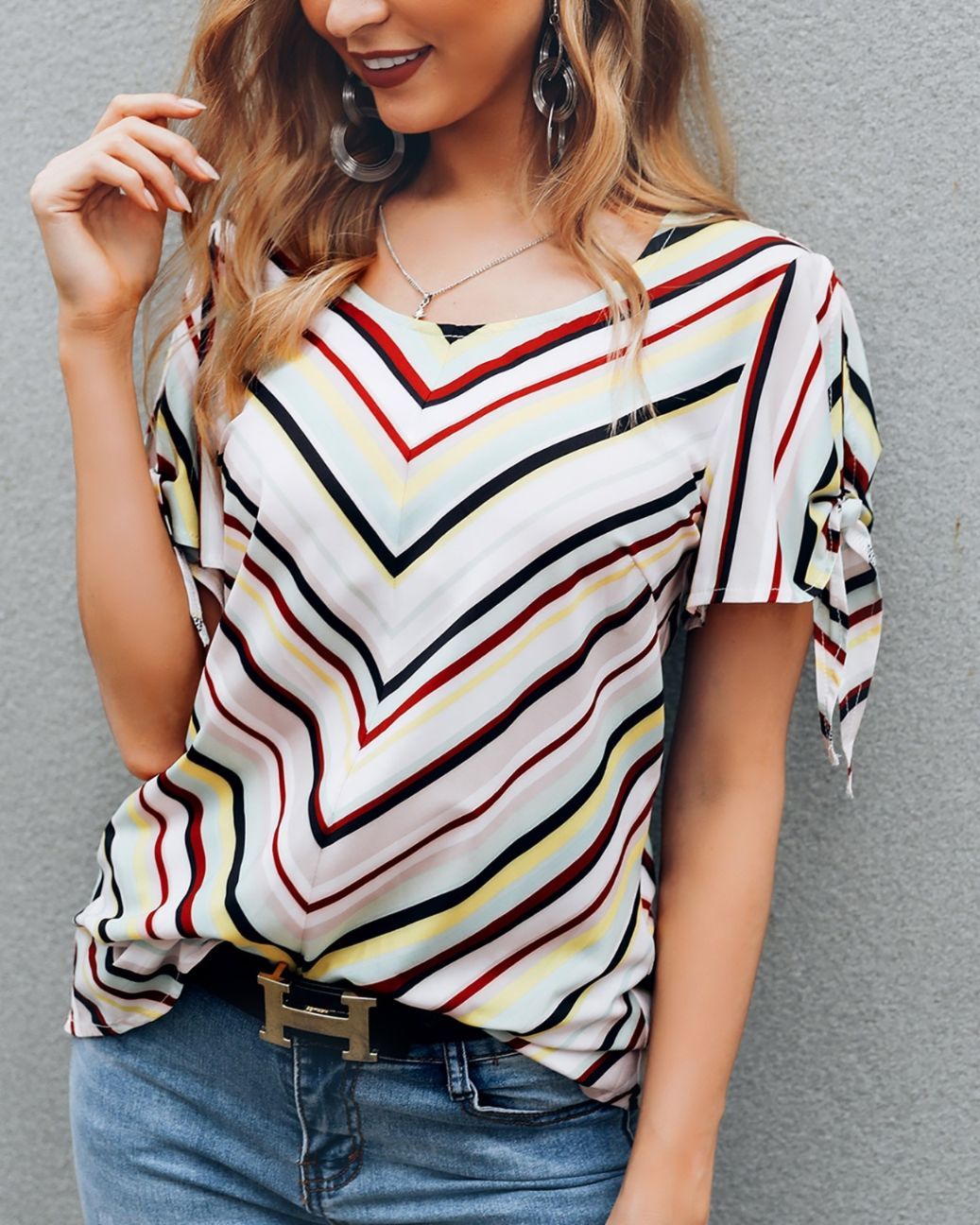 Cold Shoulder Colorful Striped Casual Blouse