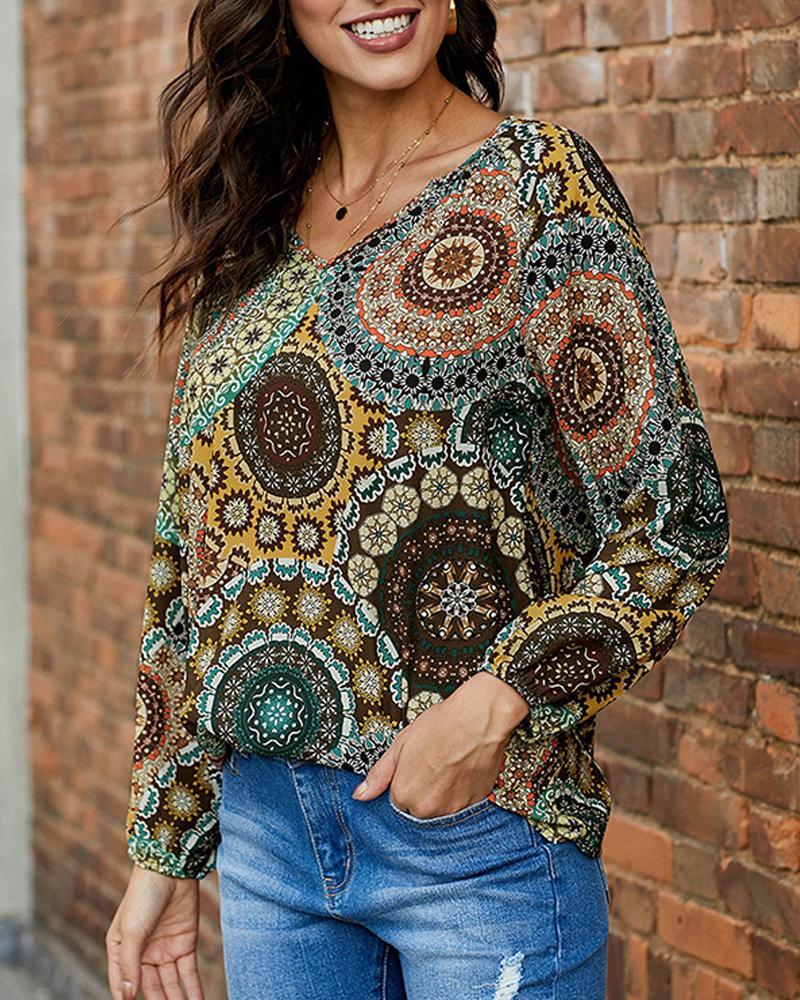 Outlet26 V Neck Bohemian Print Top MultiStyle