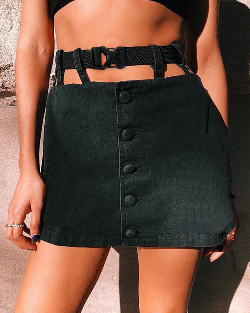 Outlet26 Buckle Belt Button Front Mini Skirt black