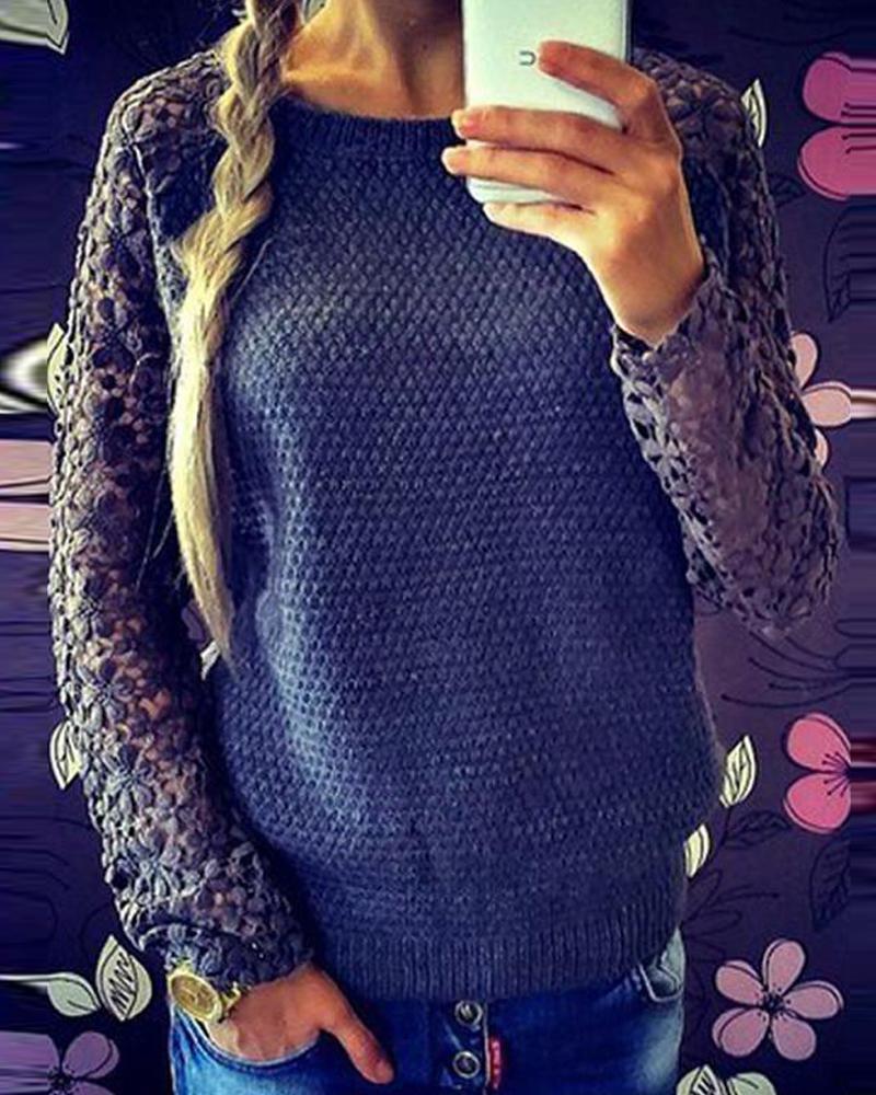 Outlet26 Lace Cutout Long Sleeve Sweater gray