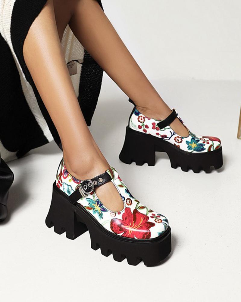 Chic Ladies Floral Print Square Toe T-strap Hollow-out Shoes