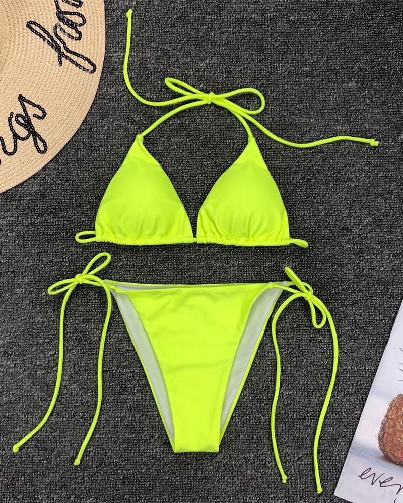 Lace-up Solid Color Halter Sleeveless 2-Piece Bikini Sets