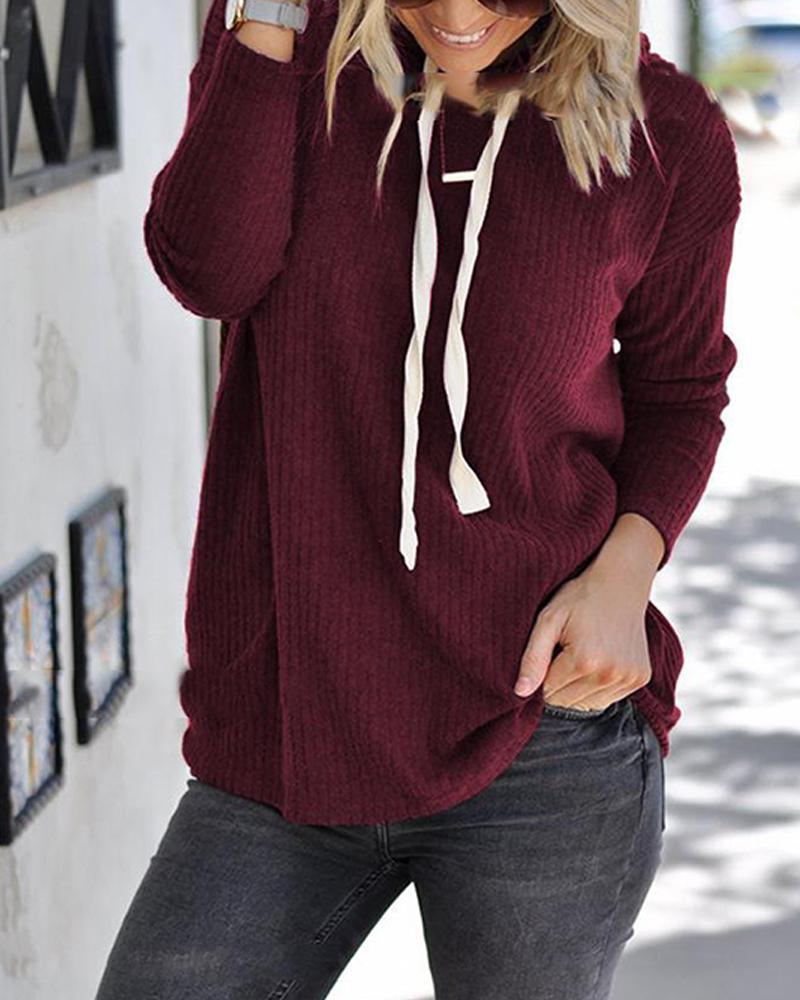 Outlet26 Solid Knitted Long Sleeve Hoodie Wine red