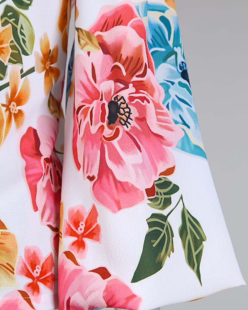 Plunge Lantern Sleeve Backless Floral Print Blouse