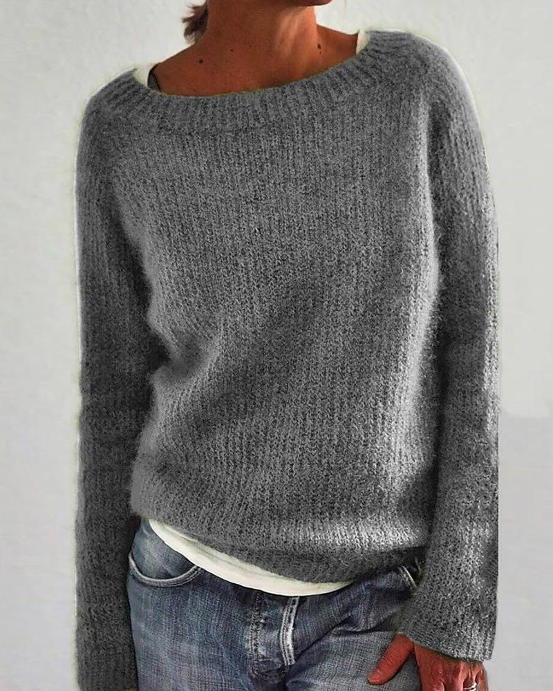 Outlet26 Round Neck Long Sleeve Sweater purple