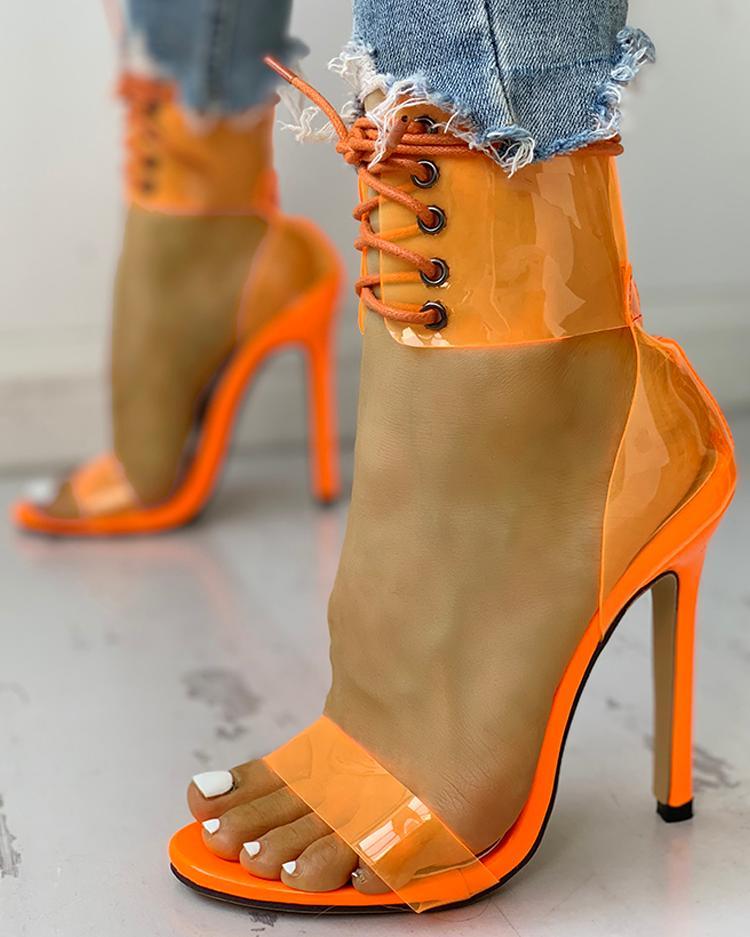 Transparent Lace-Up Single Strap Heeled Sandals