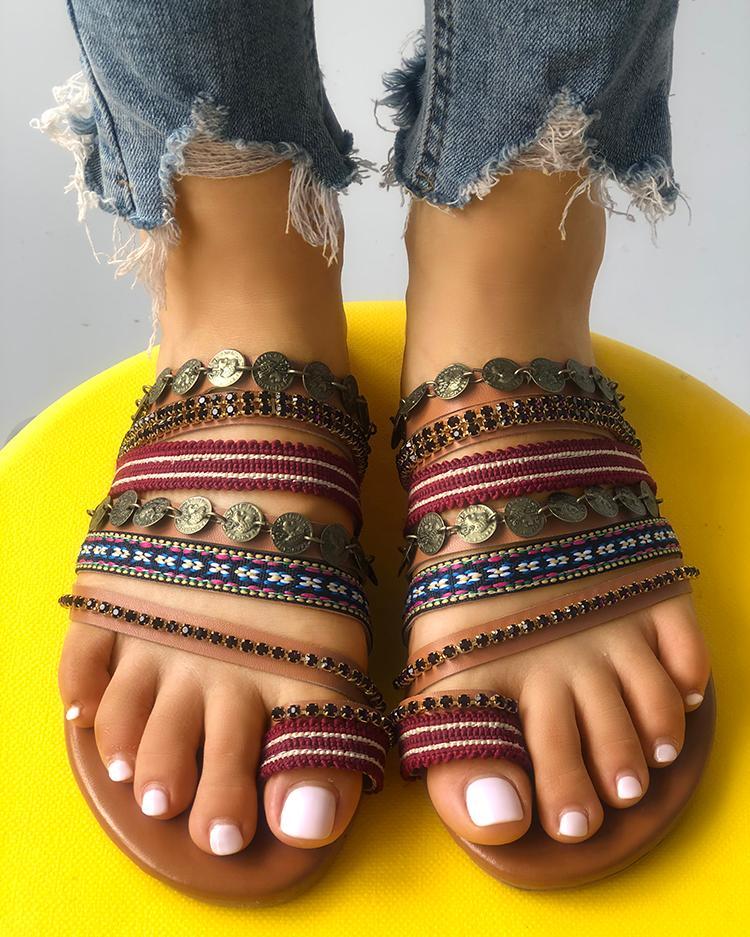 Outlet26 Ethnic Style Toe Post Sandals Multicolor
