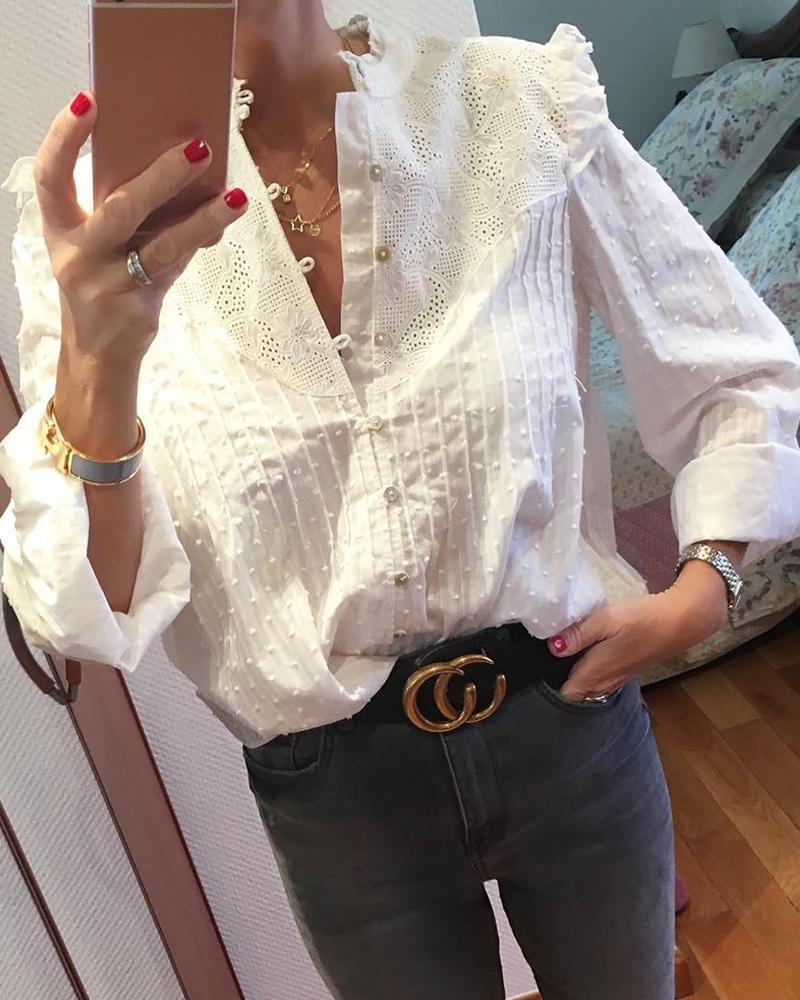 Round Neck Embroidery Ruffles Blouse